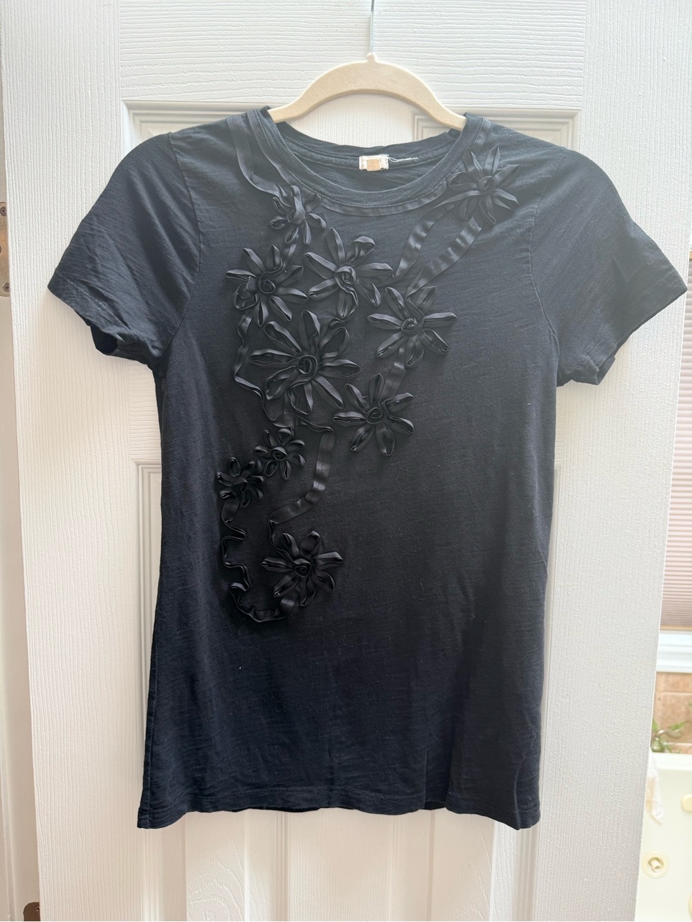 J. Crew Black Ribbon Floral Appliqué Short Sleeve Tee
